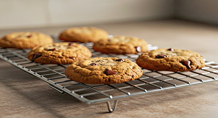 Chocolate chip cookies on a cooling rack. Shallow dof.