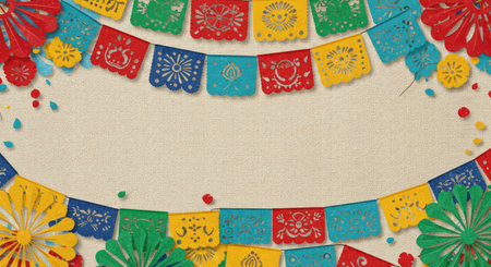 Colorful paper garland on vintage background with copy space for textの写真素材