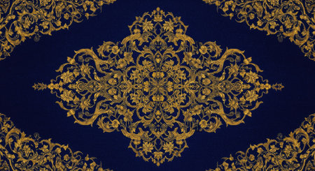 The texture of the fabric is dark blue with a pattern of gold