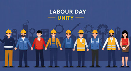 Labor day poster with workers on blue background vector illustration graphic design.の写真素材