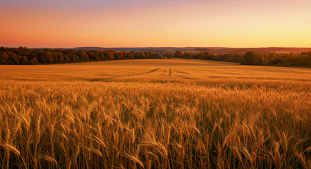 Sunset over the field with ears of wheat and forest in the backgroundの写真素材
