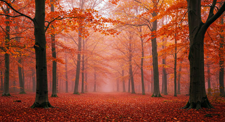 Autumn forest with red leaves in the morning fog. Nature background
