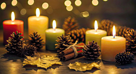 Burning candles and autumn leaves on wooden table. Christmas background.の写真素材