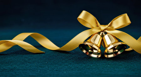 Golden Christmas bells with a bow on a blue background. Close-up.の写真素材