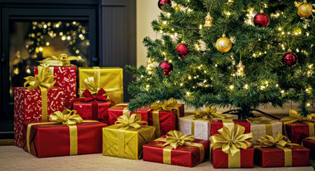 Christmas tree with presents under it at home in the living room.