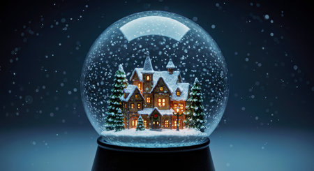 Snow globe with christmas house and fir trees. 3D rendering
