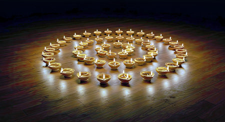 Candles in the form of a circle on a wooden floor.