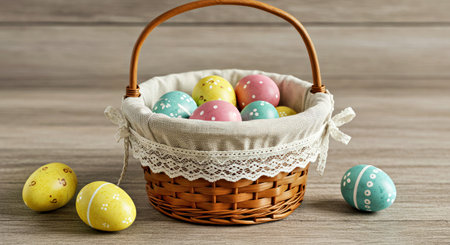 Easter eggs in a basket on a wooden background with copy space