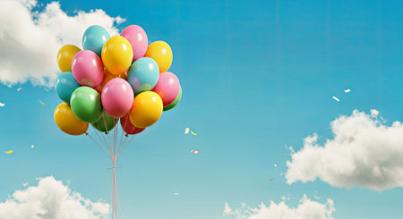 Colorful balloons flying in the blue sky. 3D Renderingの写真素材