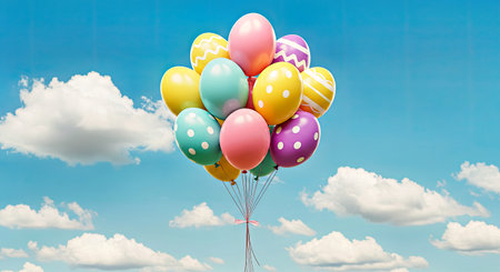 Colorful easter balloons on blue sky background. 3d renderingの写真素材