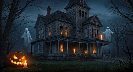 Halloween background with haunted house and pumpkin. 3d rendering.
