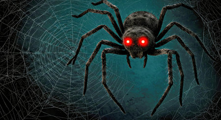 Spider with red eyes on the spider web. 3D illustration.