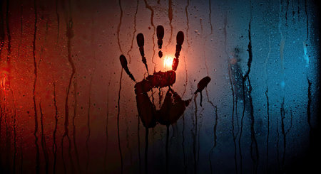 Conceptual image of human hand on wet window glass with lightの写真素材