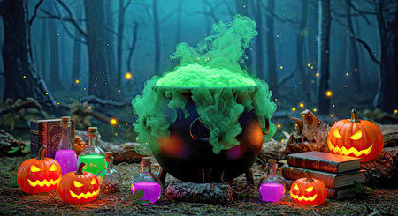 Halloween Witch cauldron with green smoke and pumpkins in the forestの写真素材