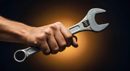 Close-up image of a male hand holding a spanner on a dark backgroundの写真素材