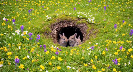 Rabbits in a nest in a meadow full of flowersの写真素材