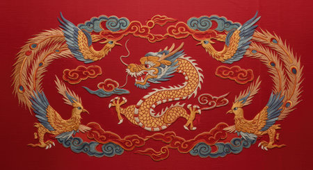 Chinese style dragon paper cut on red background, closeup of photoの写真素材