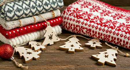 Knitted sweaters and christmas ornaments on wooden background