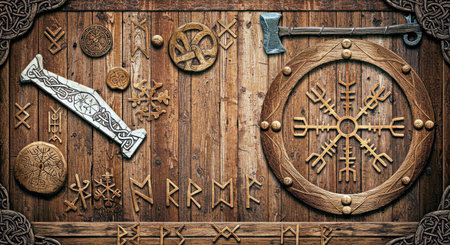 Medieval wooden shield on the wooden background. 3d illustration.の写真素材