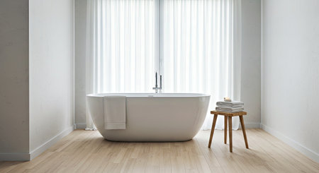 Modern bathroom interior with white bathtub and wooden stool. 3d rendering