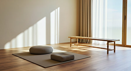 3d rendering of a modern yoga room with a bench and a tableの写真素材