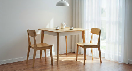 Modern dining room interior with wooden table and chairs. 3d render