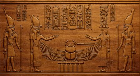 Egyptian hieroglyphs on wooden background. 3d rendering