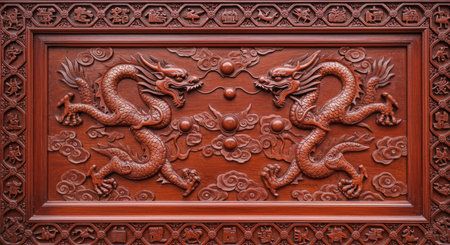 Wooden door of a Buddhist temple with a dragon on the wallの写真素材