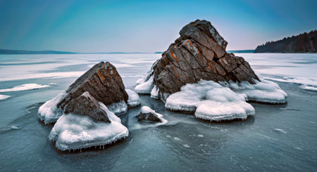 Frozen lake and rocks in winter. Beautiful winter landscape with frozen lake.の写真素材