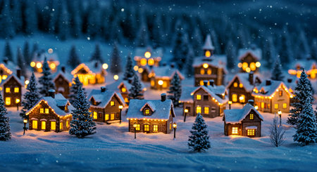Christmas and New Year miniature houses in the snow. Beautiful winter landscape.の写真素材