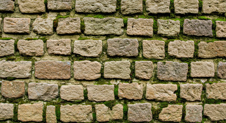 Background of stone wall texture with green moss. Close-up.の写真素材