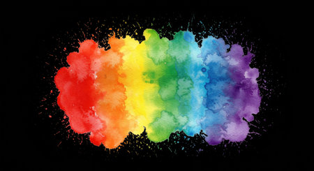 Rainbow watercolor paint splashes on black background. Vector illustration.の写真素材