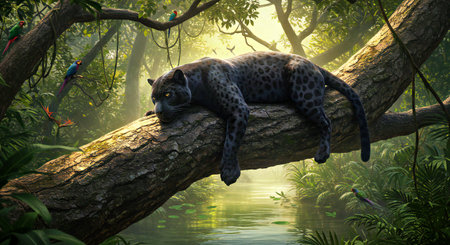 Leopard sleeping on a tree in the jungle,3d render