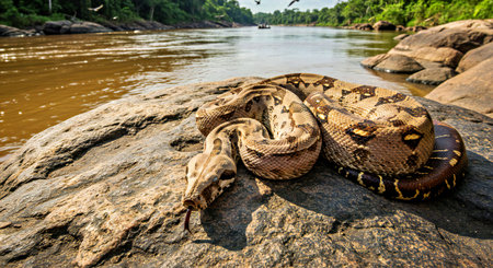 Reticulated python on the rocks near the river, Thailand.