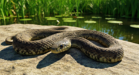 Grass Snake (Natrix natrix) on a stone.