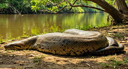 Reticulated python (Python reticulatus) on the river bank