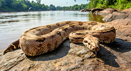Borneo boa constrictor on the rock near the river
