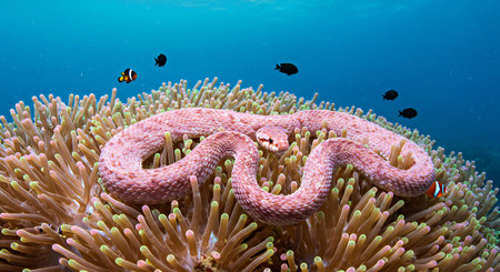 Red sea anemone and clownfish on a tropical coral reef