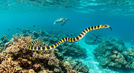 Yellow-spotted snake on a coral reef at Maldives.の写真素材