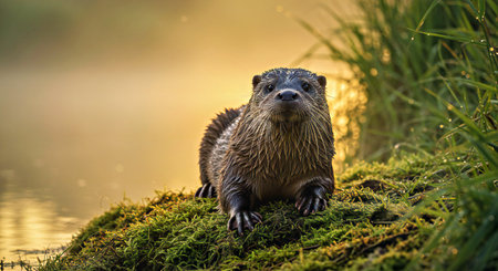 Otter sitting on a mossy rock in the sunlight.の写真素材