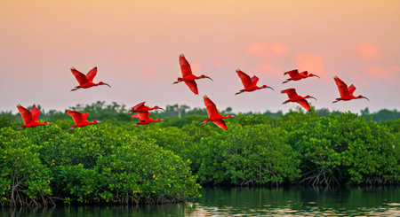 Scarlet ibis (Eudocimus ruber) in the mangrove forest at sunsetの写真素材