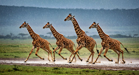 Giraffes running in the rain in Serengeti National Park, Tanzaniaの写真素材