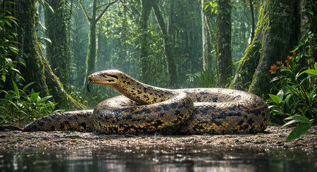Reticulated python (Python reticulatus) in rainforest