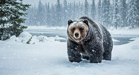 Grizzly bear walking in the winter forest. Snowfall.の写真素材