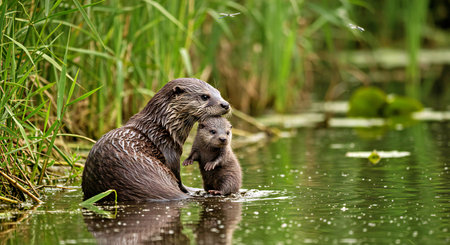 Two otters in the waterの写真素材
