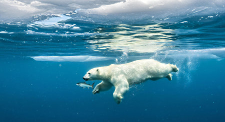 Polar bear (Ursus maritimus) swimming underwater.