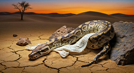 Albino python (Python reticulatus) in the desert