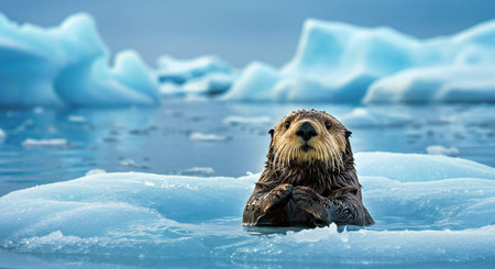 sea otter swimming on the ice floe in Iceland, Europeの写真素材