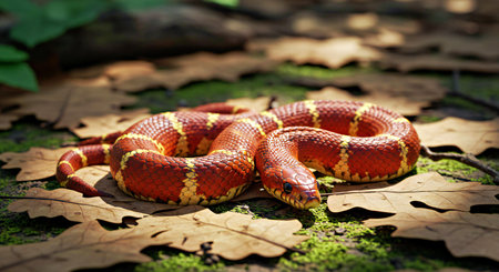 Corn snake on the green moss in the forest. Selective focus.