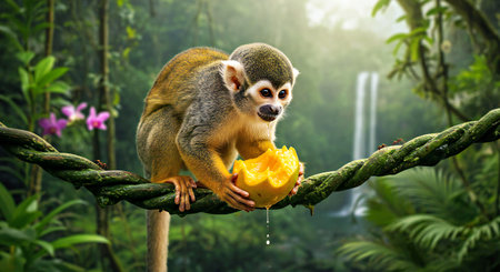 Squirrel monkey sitting on a branch of a tree and eating fruit